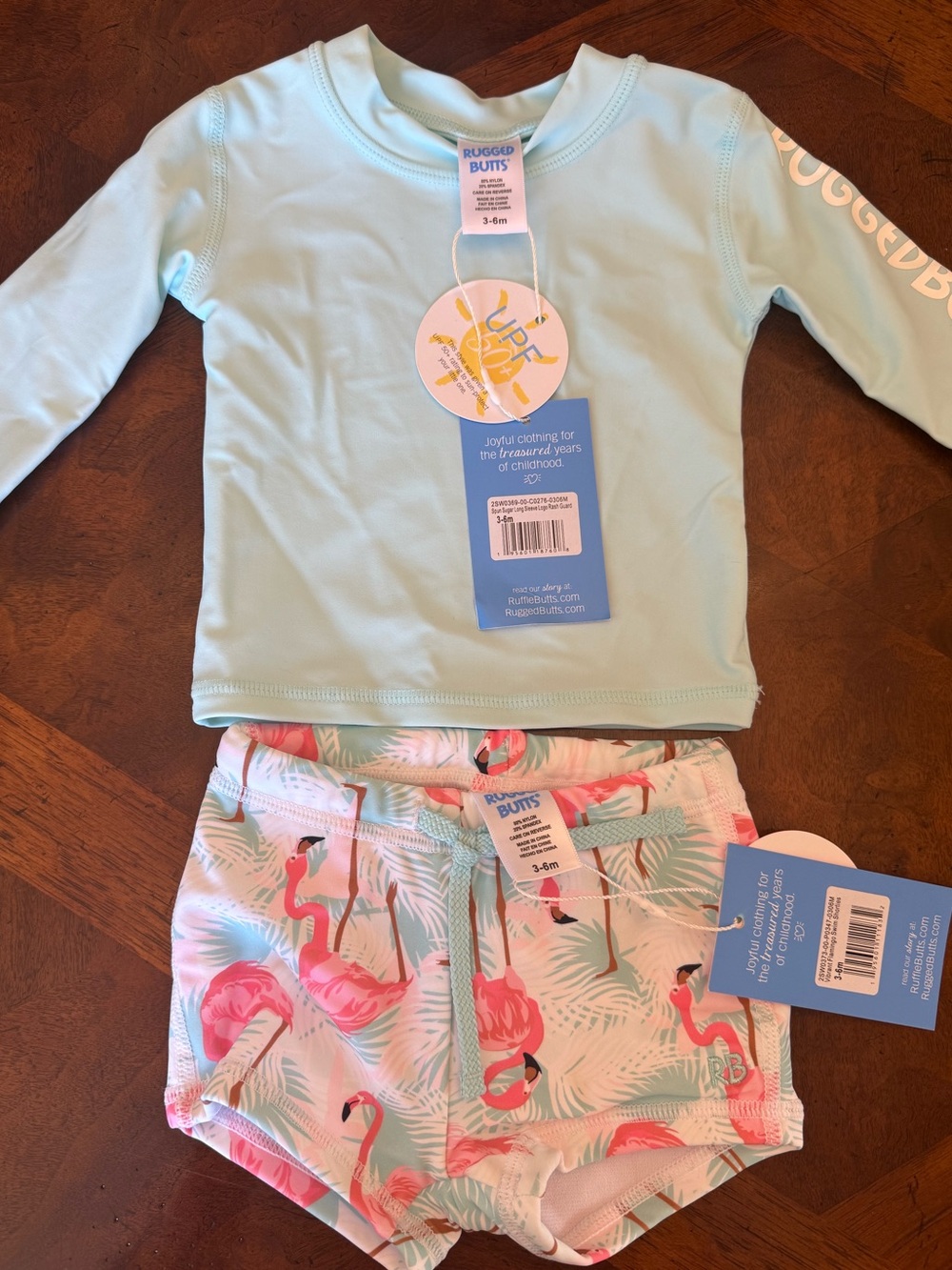 RuggedButts Infant Light Blue Rash Guard & Flamingo Swim Shorts Set size 3-6m